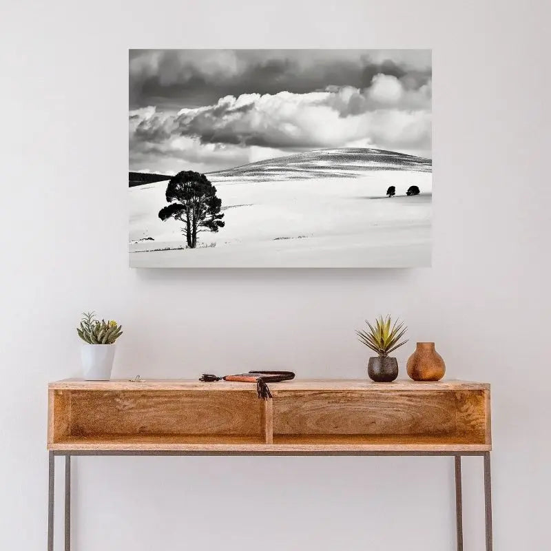 Tableau en noir et blanc d’un paysage désertique avec ciel nuageux, scène dramatique et minimaliste pour décoration murale