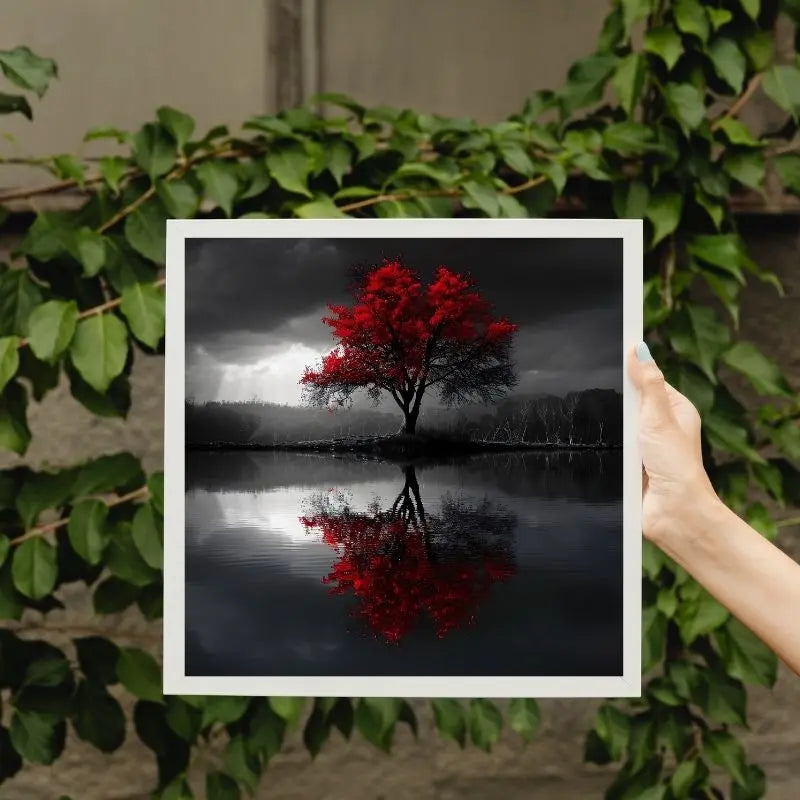 Tableau noir et blanc d’un paysage avec un arbre rouge, contraste fort et scène visuellement marquante
