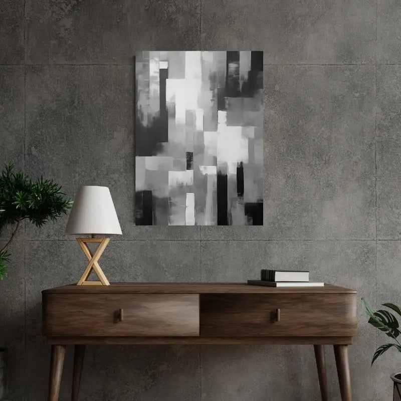Tableau en peinture abstraite noir et blanc avec des bandes à effet flou, design contemporain et texturé