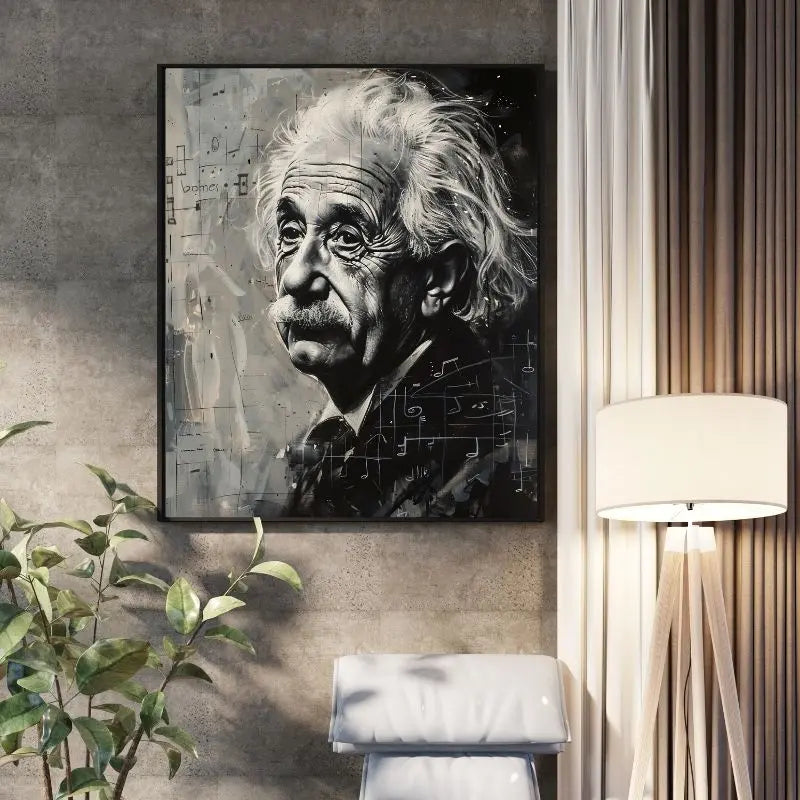 Tableau en peinture noir et blanc d'Albert Einstein, physicien emblématique au style artistique et expressif
