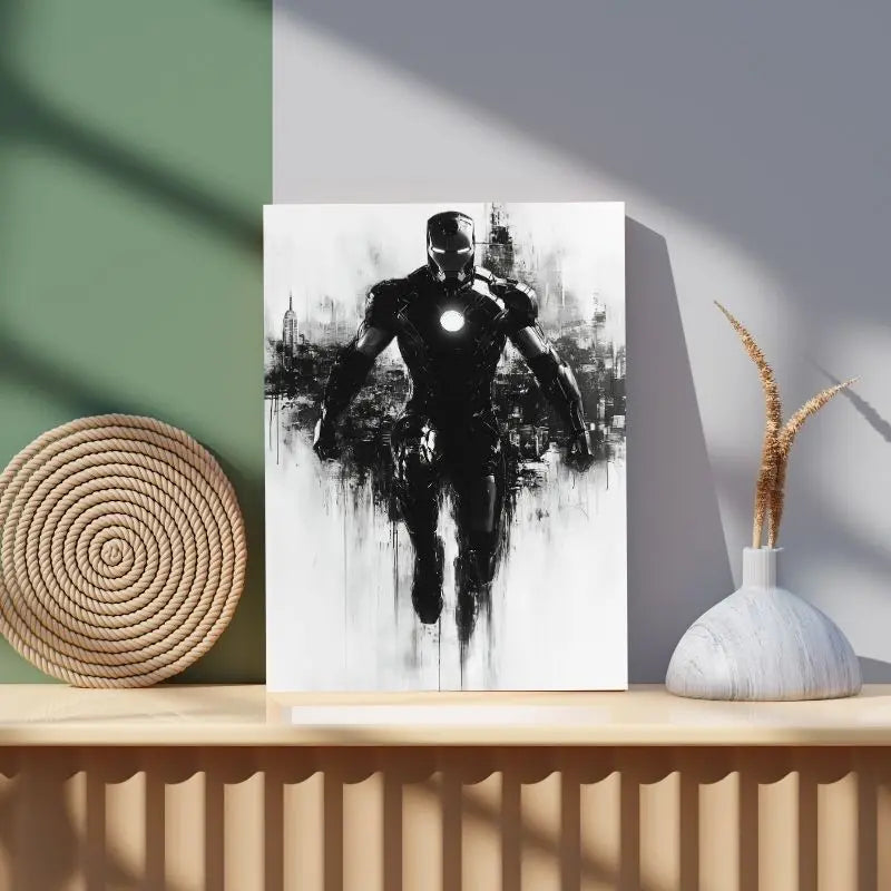 Peinture monochrome d’Iron Man dans un style comics, tableau dynamique et stylisé pour une décoration murale geek et moderne