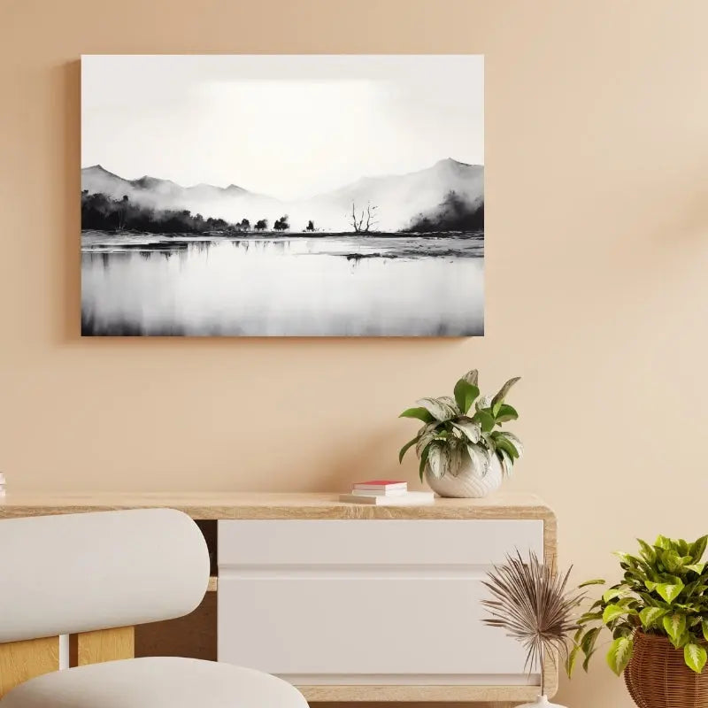 Peinture en noir et blanc d’un paysage naturel onirique, mêlant rêverie, mystère et poésie visuelle dans une ambiance douce et imaginaire.