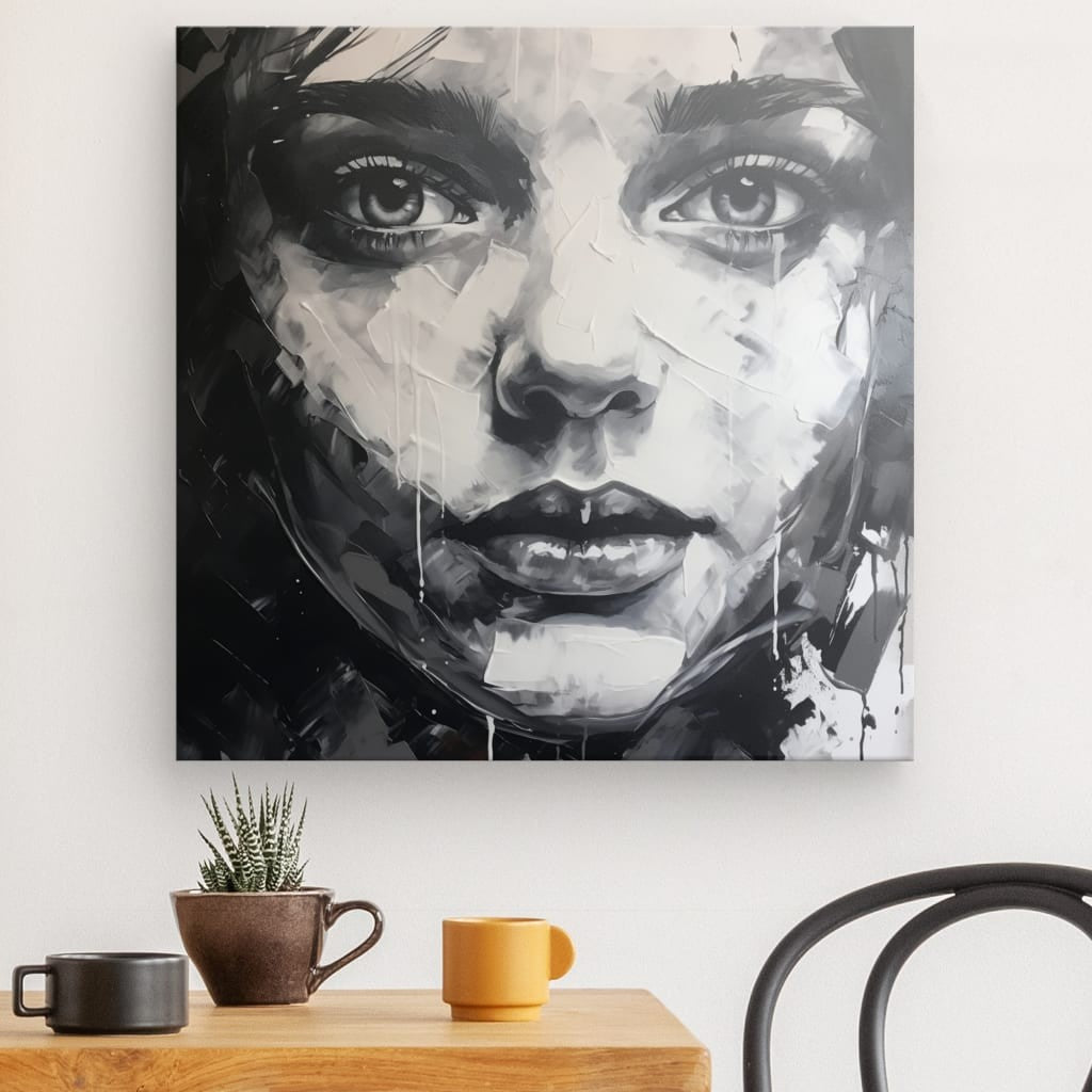 Portrait de femme en peinture acrylique noir et blanc, mêlant intensité du regard et texture expressive dans un style artistique moderne.