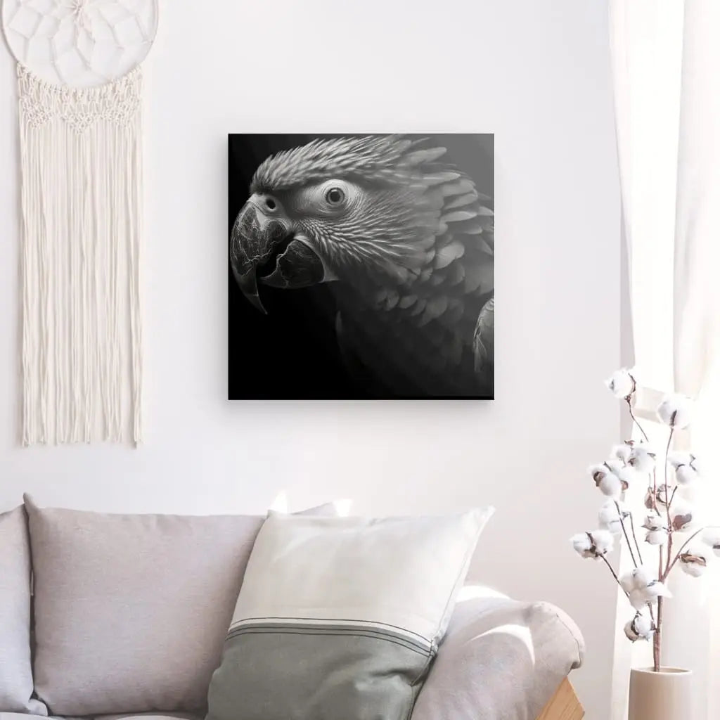 Tableau en noir et blanc représentant un perroquet ara en portrait, une décoration murale raffinée et artistique inspirée de la beauté des oiseaux.