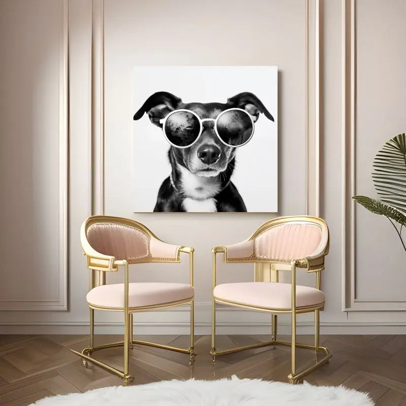 Tableau noir et blanc d’un petit chien portant des lunettes rondes, portrait amusant et original