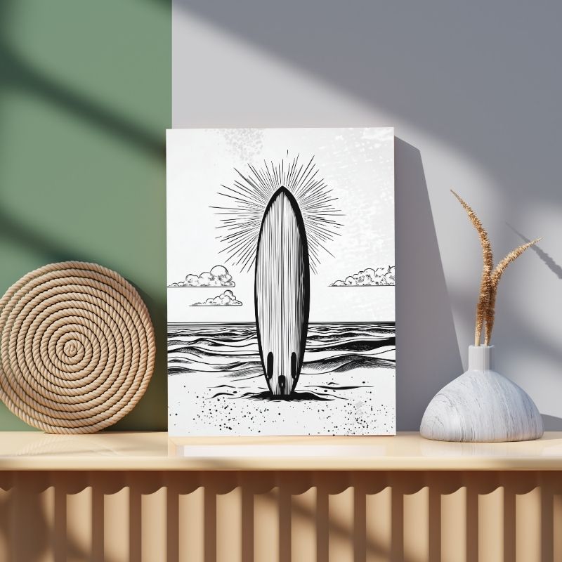 Dessin en noir et blanc d’une planche de surf sur la plage, tableau au style minimaliste et estival