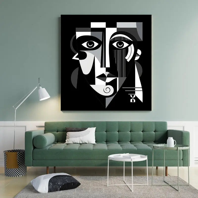 Portrait en style cubiste noir et blanc, fusionnant formes abstraites et visages déstructurés dans une œuvre artistique moderne et expressive.