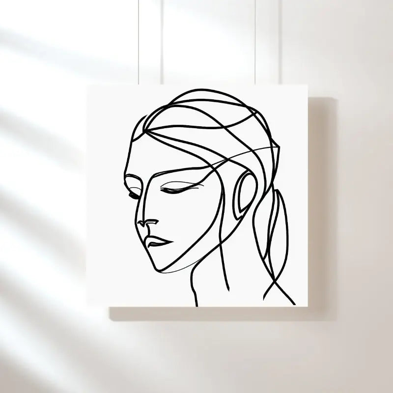 Portrait abstrait en noir et blanc d’une femme, composé de traits épurés et dynamiques, alliant modernité, mystère et esthétique minimaliste.