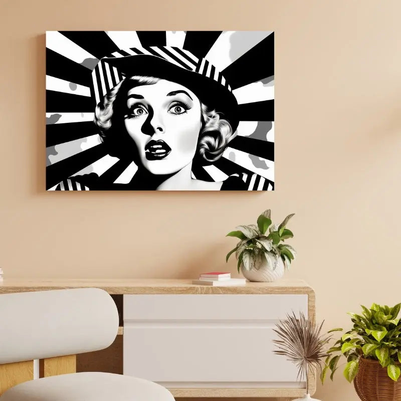 Portrait d’une femme surprise en style pop art monochrome, combinant expression vive, lignes graphiques et esthétique rétro captivante.