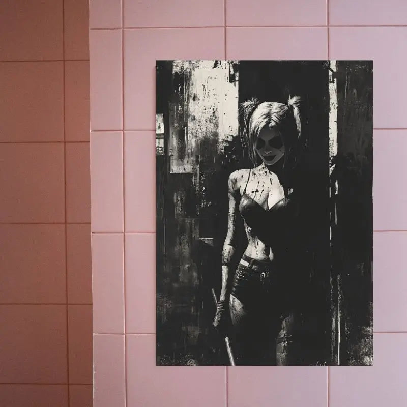Portrait en noir et blanc de Harley Quinn, tableau graphique et expressif pour une décoration murale au style moderne et cinématographique