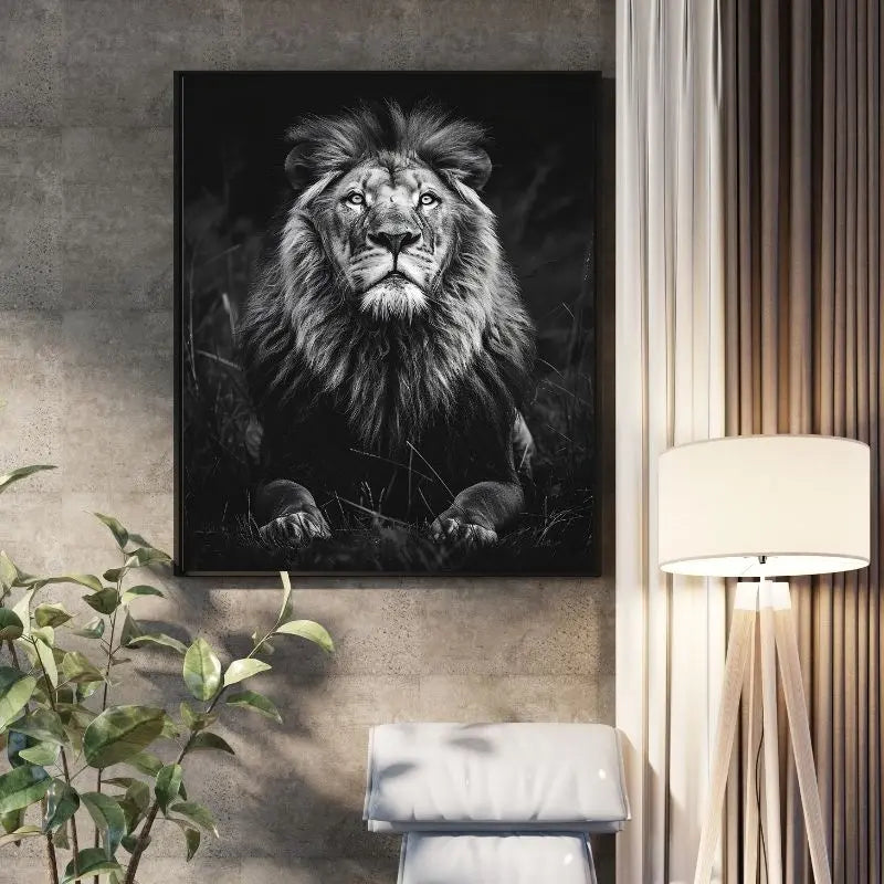 Tableau noir et blanc du portrait d’un lion sauvage dans la nature, puissance animale et beauté brute