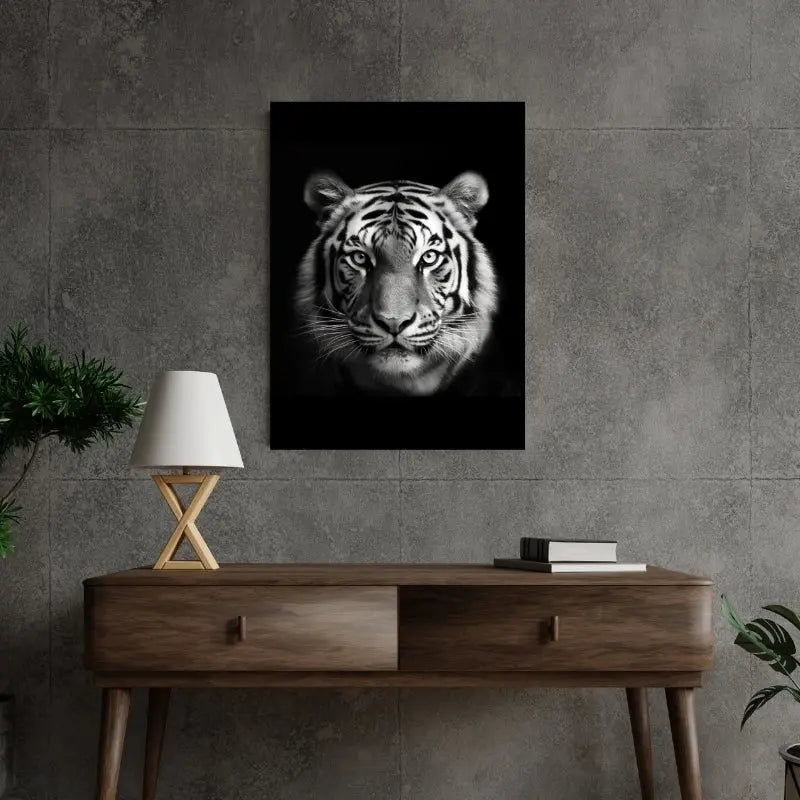 Tableau en noir et blanc représentant un tigre en portrait carré, une toile féline monochrome alliant élégance, puissance et raffinement décoratif.