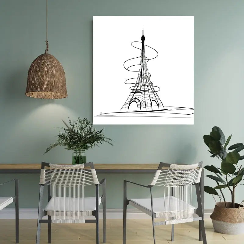 Dessin abstrait en noir et blanc de la Tour Eiffel composé de traits modernes, mêlant architecture iconique et style graphique épuré.