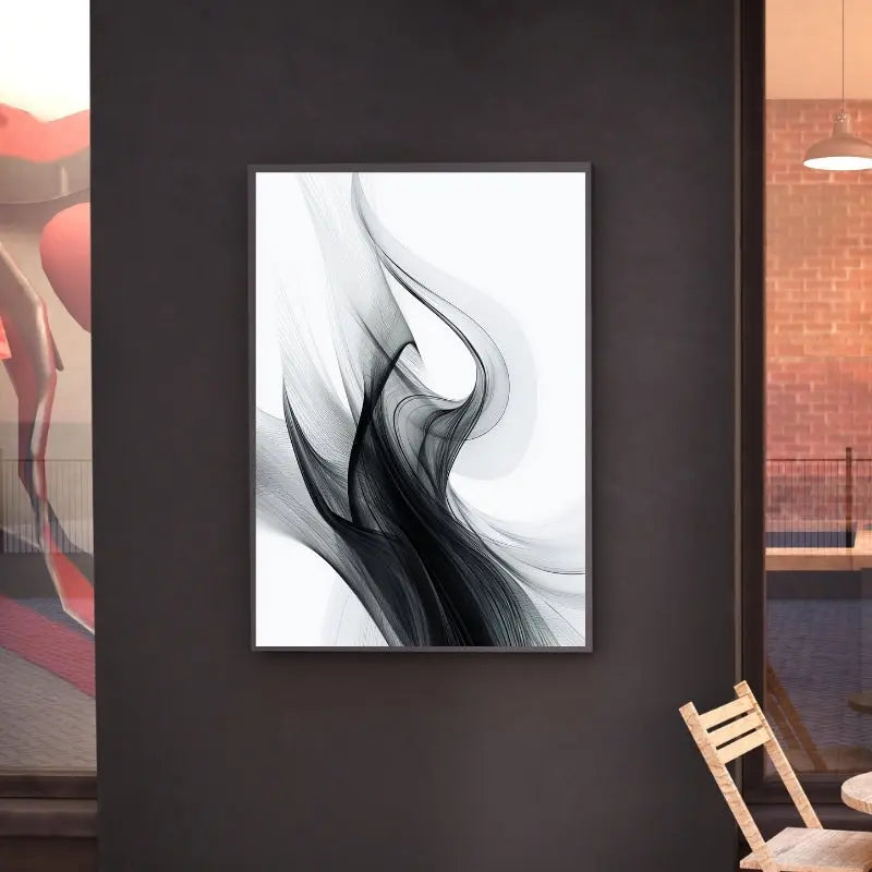 Tableau représentant de la vapeur ou fumée noire sur fond blanc, composition abstraite et mystérieuse