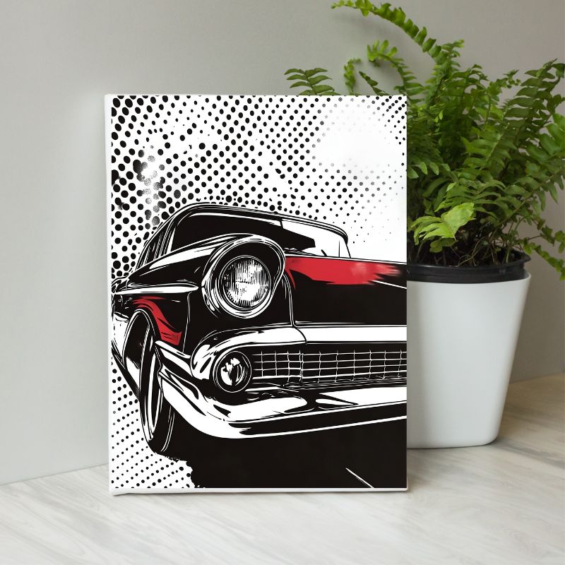 Tableau pop art représentant une voiture en noir, blanc et rouge, style graphique et dynamique pour déco murale moderne