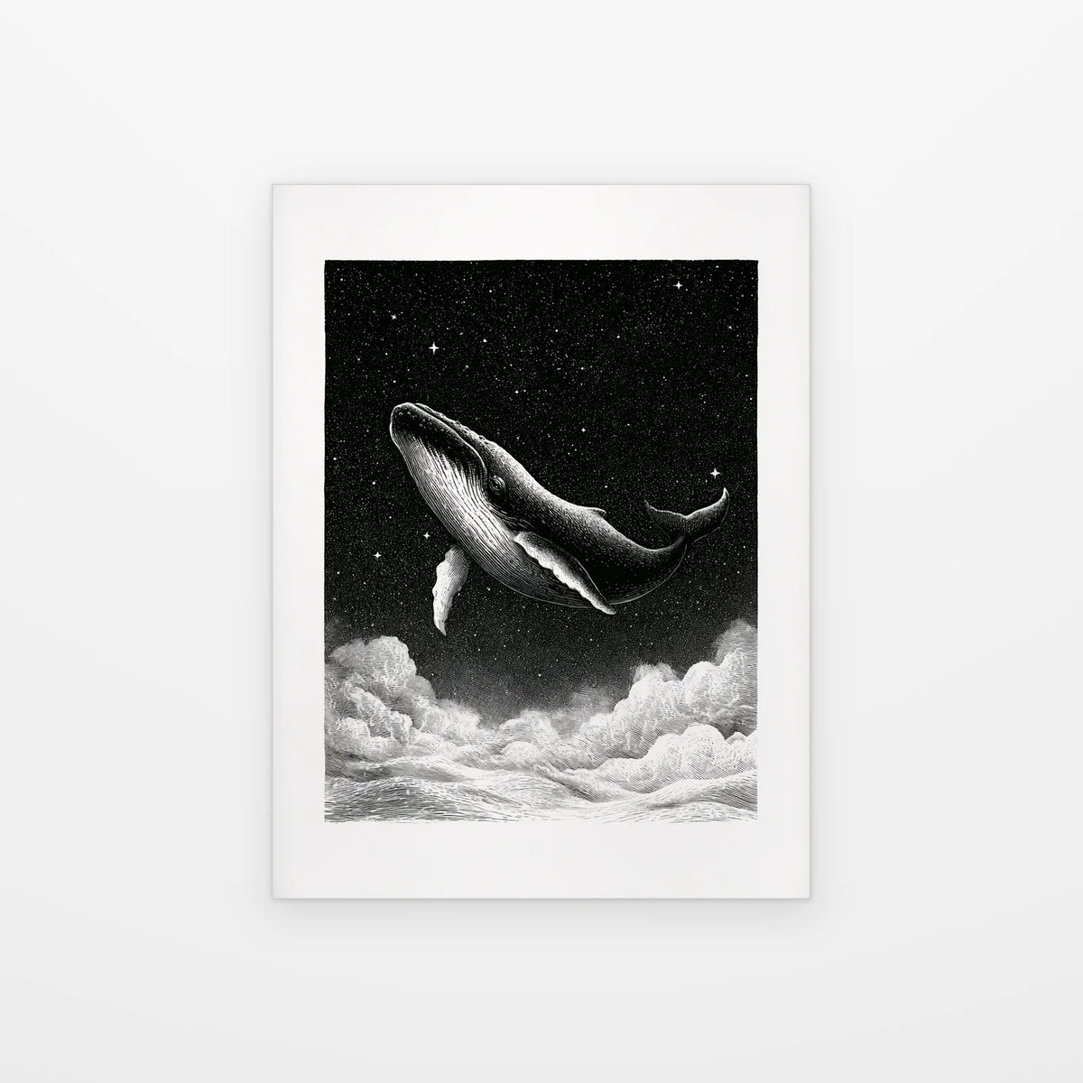 Visuel du poster baleine au-dessus des nuages noir et blanc présenté seul sur fond blanc, aperçu de l’œuvre imprimée