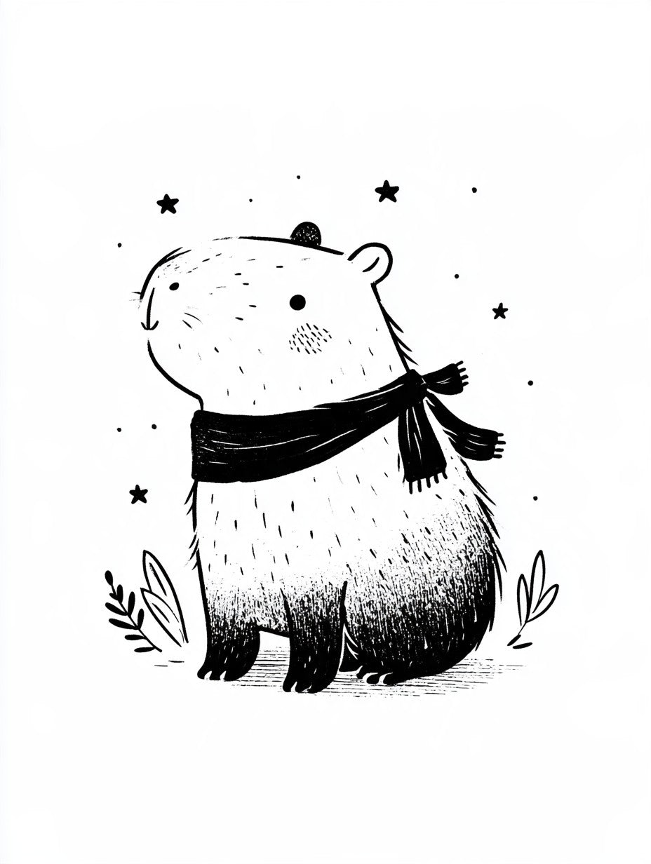 Œuvre complète du poster capybara aventurier clair noir et blanc, vue fidèle du visuel