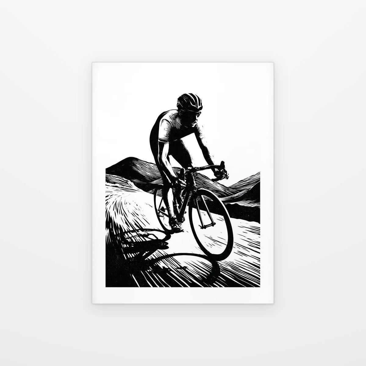 Visuel du poster Cycliste en Ascension noir et blanc présenté seul sur fond blanc, aperçu de l’œuvre imprimée