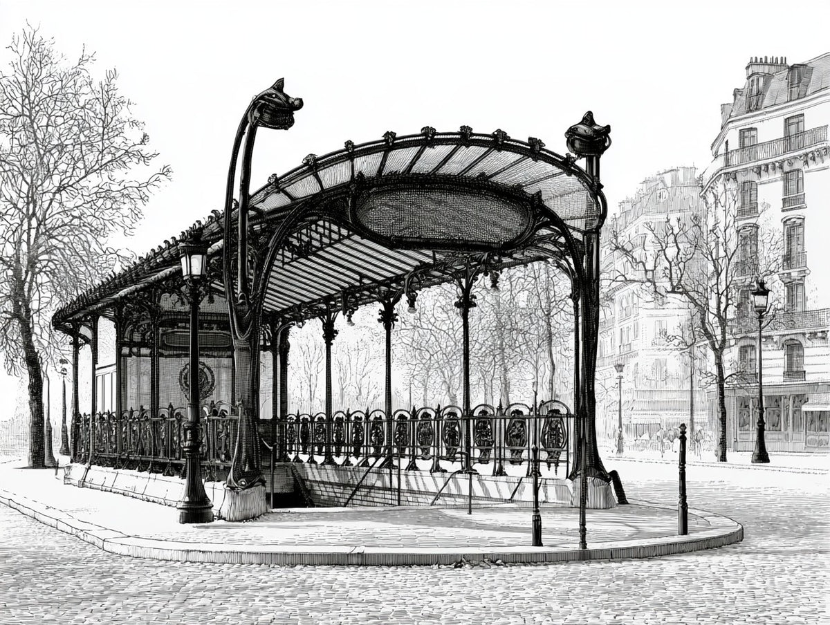 Illustration du poster entrée de métro parisienne noir et blanc, vue fidèle de l’œuvre