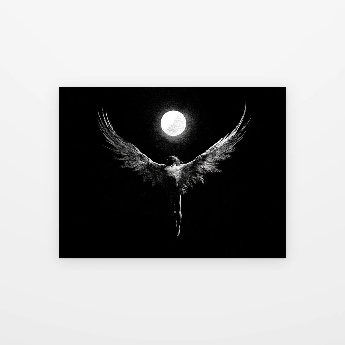 Visuel du poster icare aux ailes déployées noir et blanc présenté seul sur fond blanc, aperçu de l’œuvre imprimée