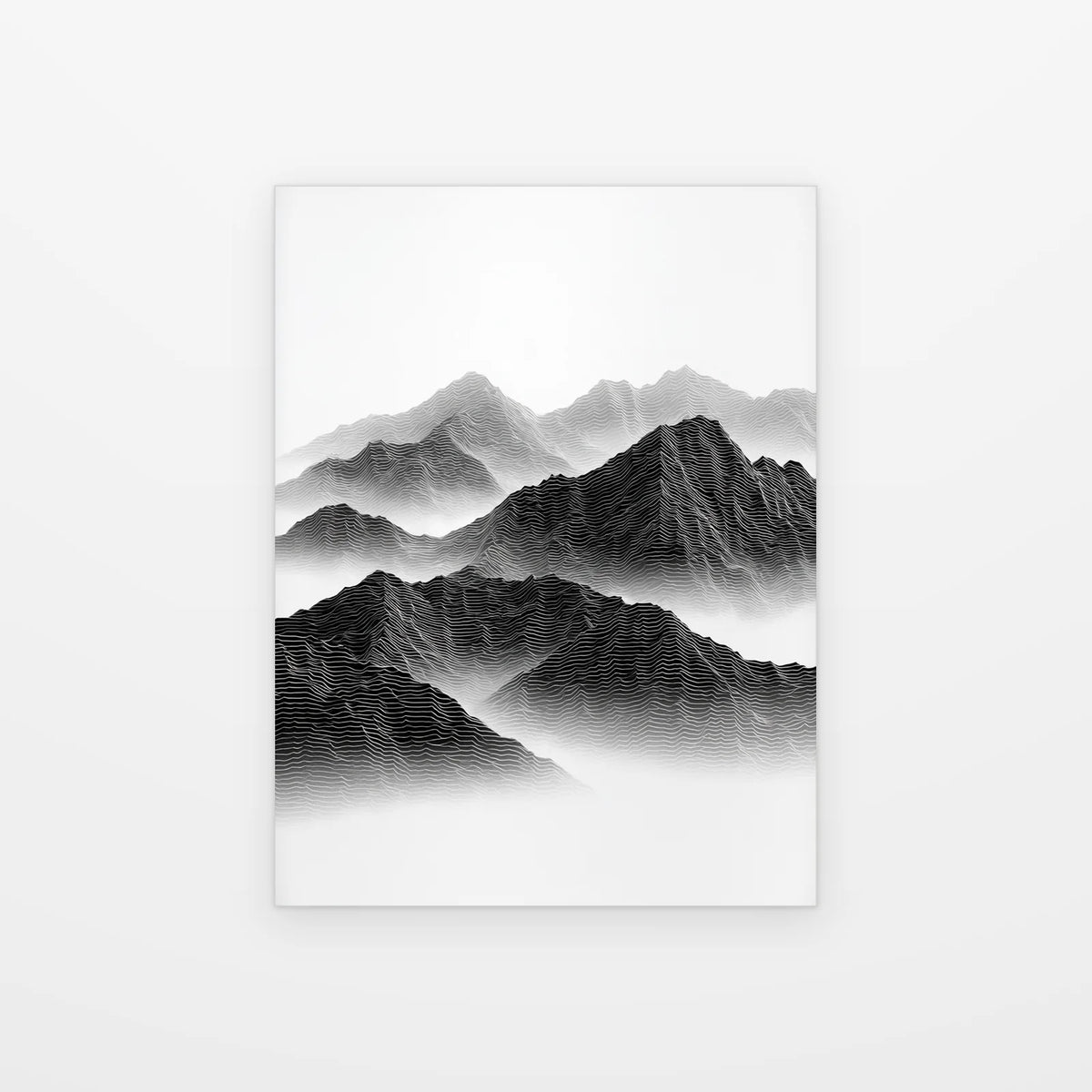 Poster Montagnes en Courbes noir et blanc présenté seul sur fond blanc, vue intégrale du paysage