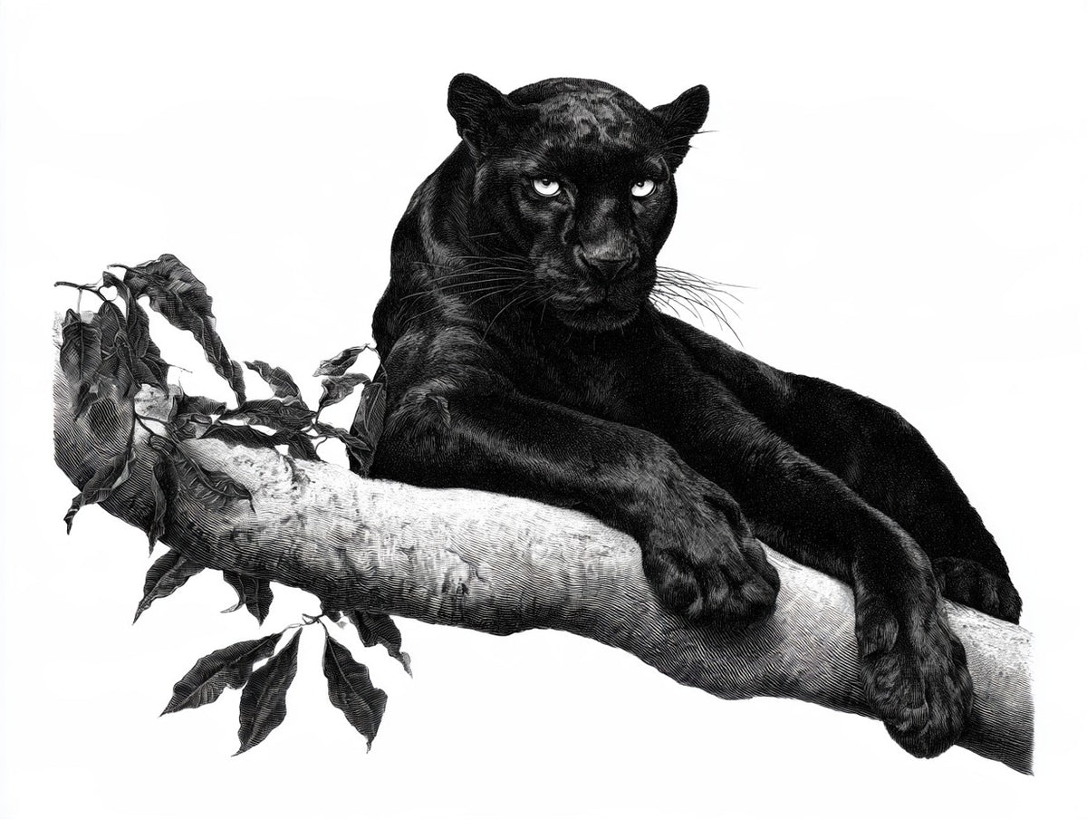 Illustration du poster panthère noire sur branche noir et blanc, vue fidèle de l’œuvre