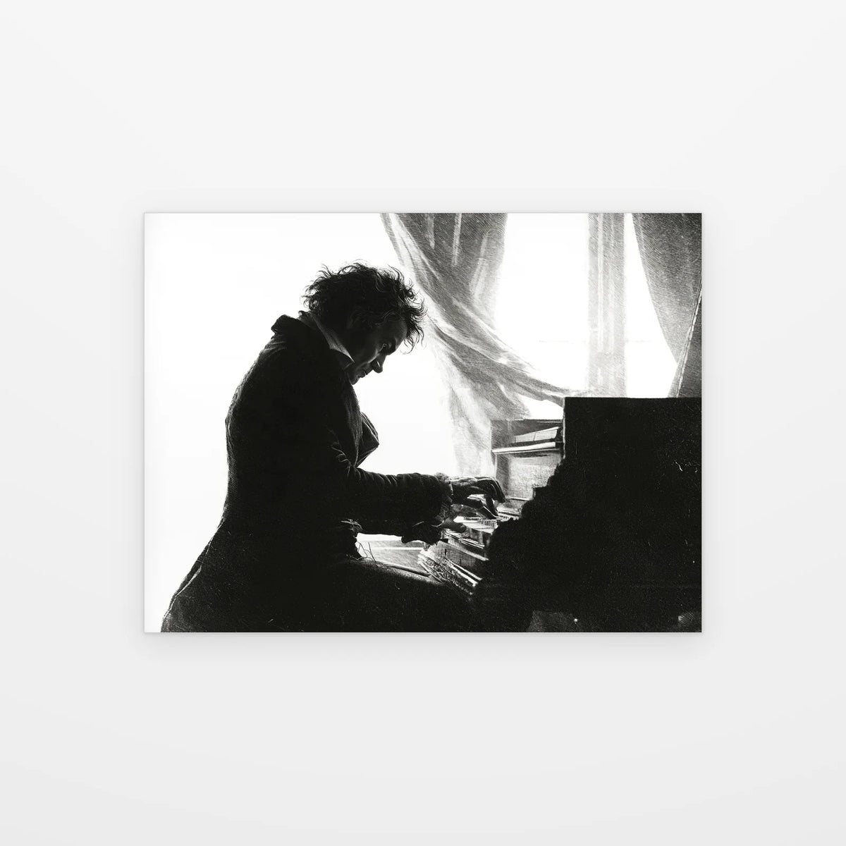 Visuel du tableau Beethoven au Piano noir et blanc présenté seul sur fond blanc, aperçu de l'œuvre imprimée