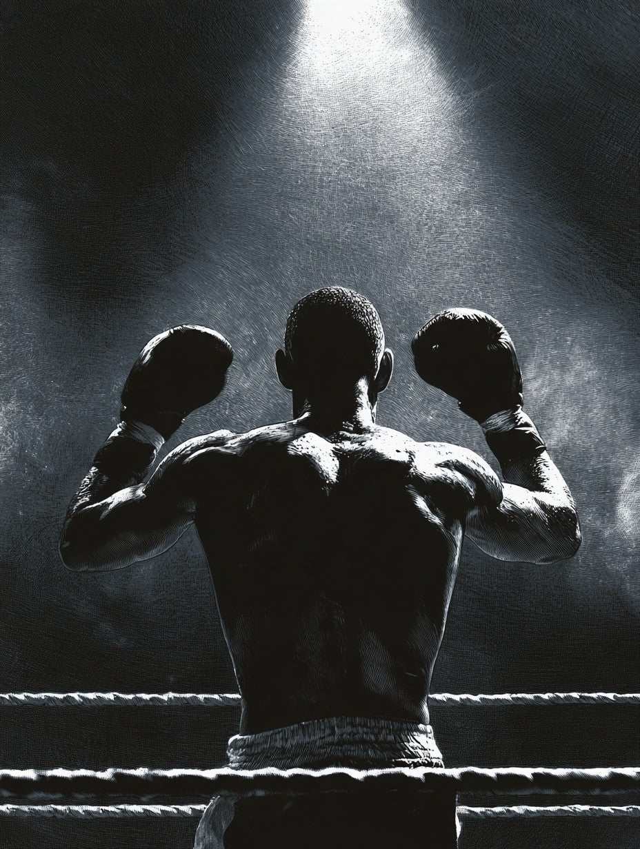 Œuvre du tableau boxeur dans le ring noir et blanc, vue complète du visuel