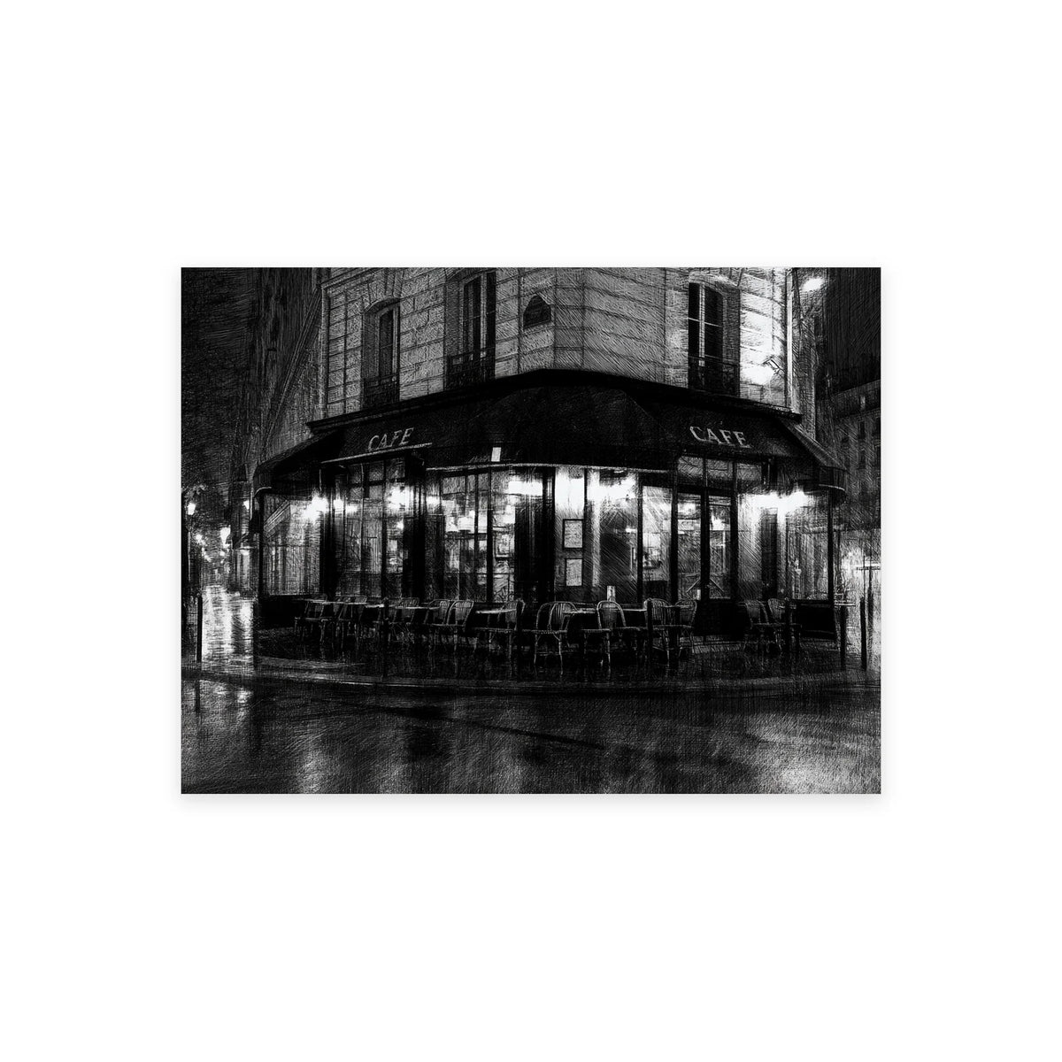 Tableau café de rue nocturne noir et blanc présenté seul sur fond blanc