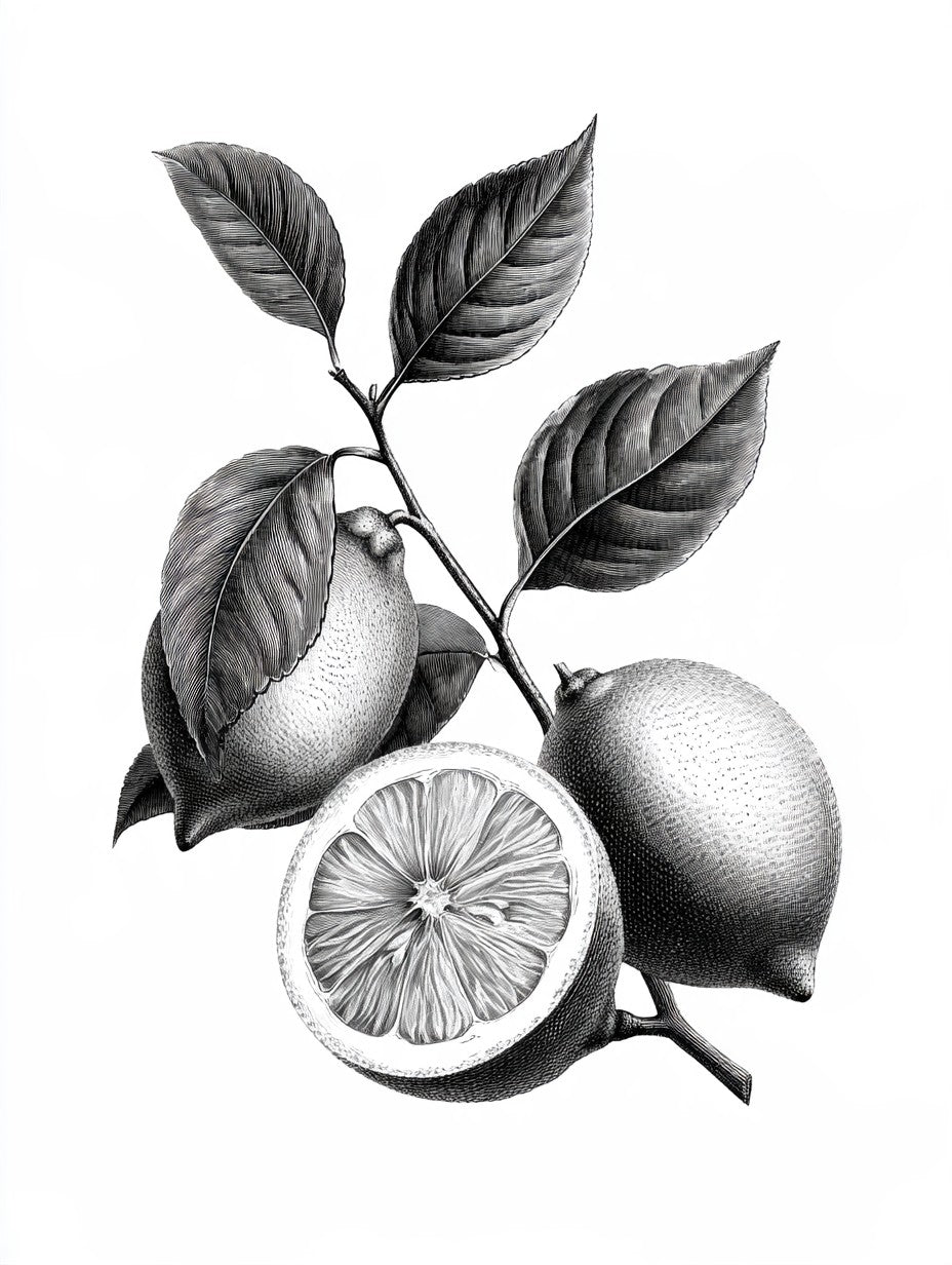 Œuvre du tableau citrons sur branche noir et blanc, vue complète du visuel