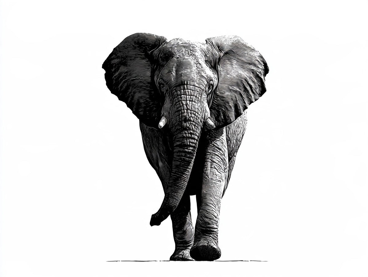 Œuvre complète du tableau éléphant gravure face noir et blanc, vue fidèle du visuel