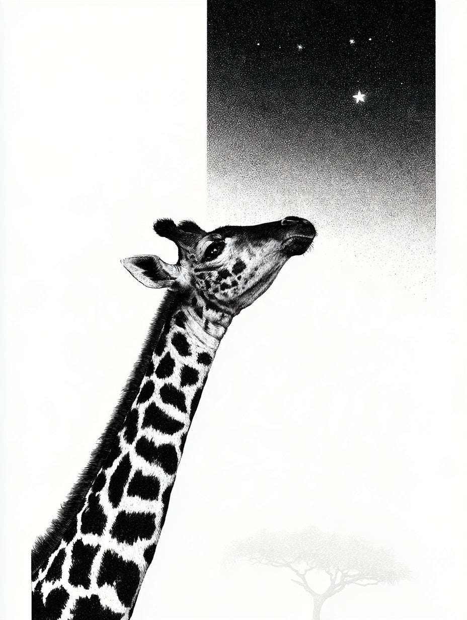 Œuvre du tableau girafe sous les étoiles noir et blanc, vue complète du visuel