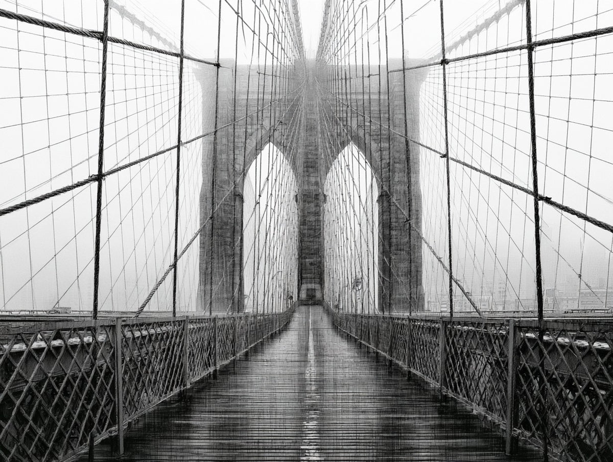 Œuvre du tableau passerelle du pont de Brooklyn noir et blanc, vue complète du visuel