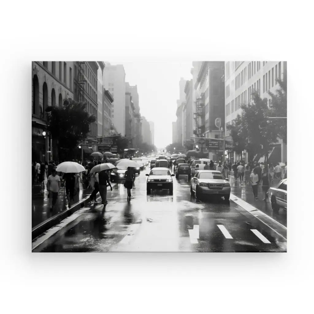 Tableau Urbain Scene de Rue New York Pluie Noir et Blanc Univers