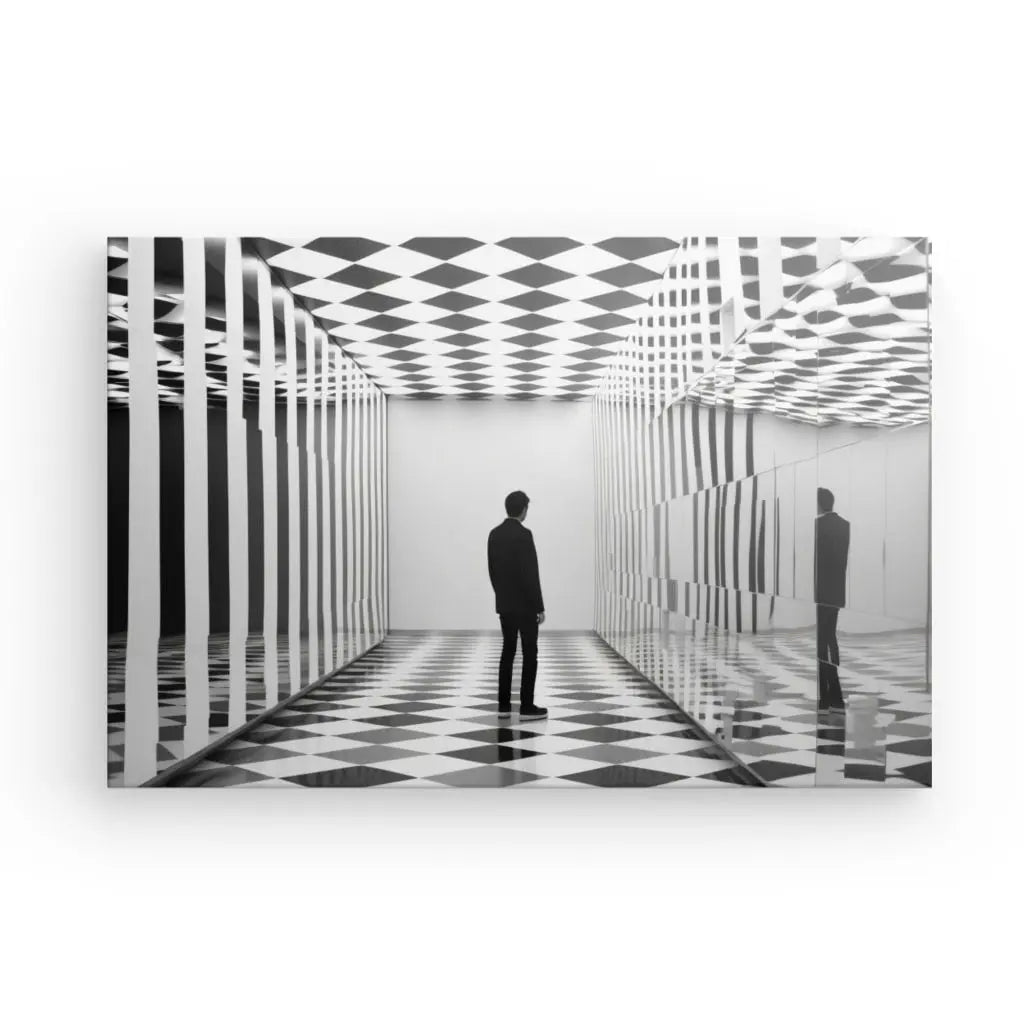 Tableau Hypnotique Silhouette Homme Damiers Echec Noir et Blanc - #tag1# - #tag2#