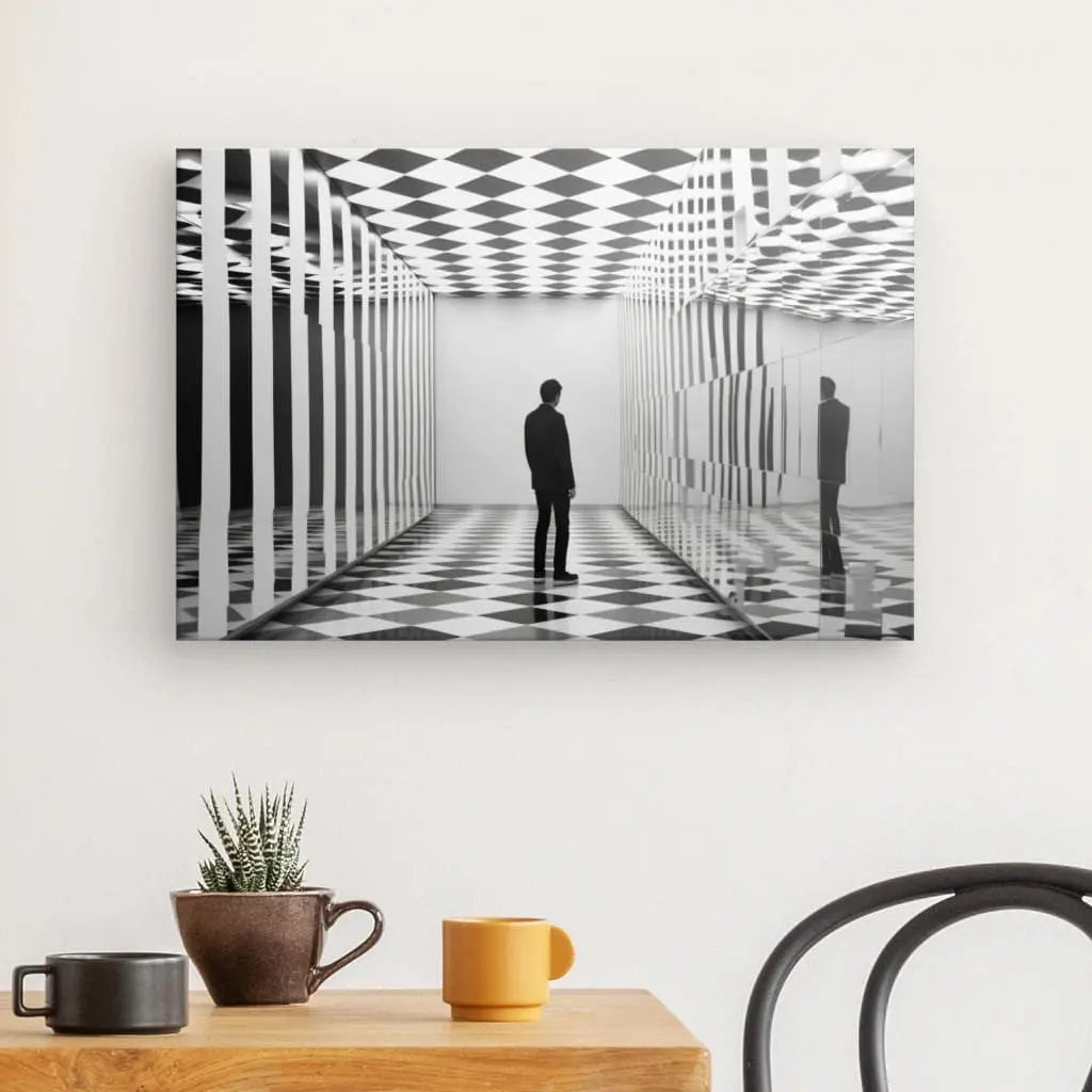 Tableau Hypnotique Silhouette Homme Damiers Echec Noir et Blanc - #tag1# - #tag2#