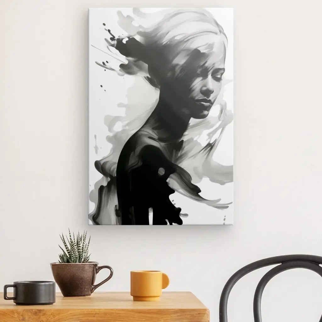 Tableau Femme Peinture Energique Eclaboussures Noir et Blanc - #tag1# - #tag2#