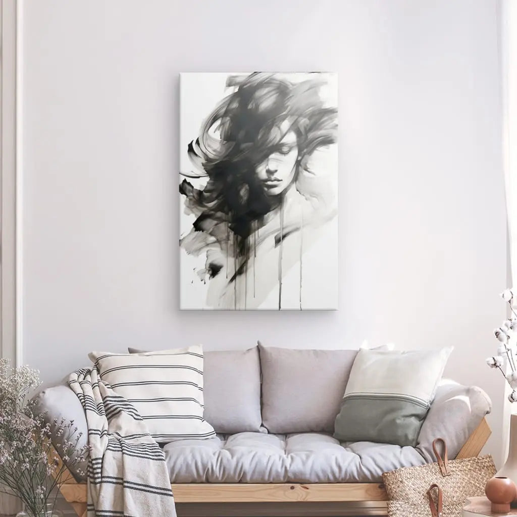 Tableau Portrait Féminin Aquarelle Noir et Blanc - #tag1# - #tag2#