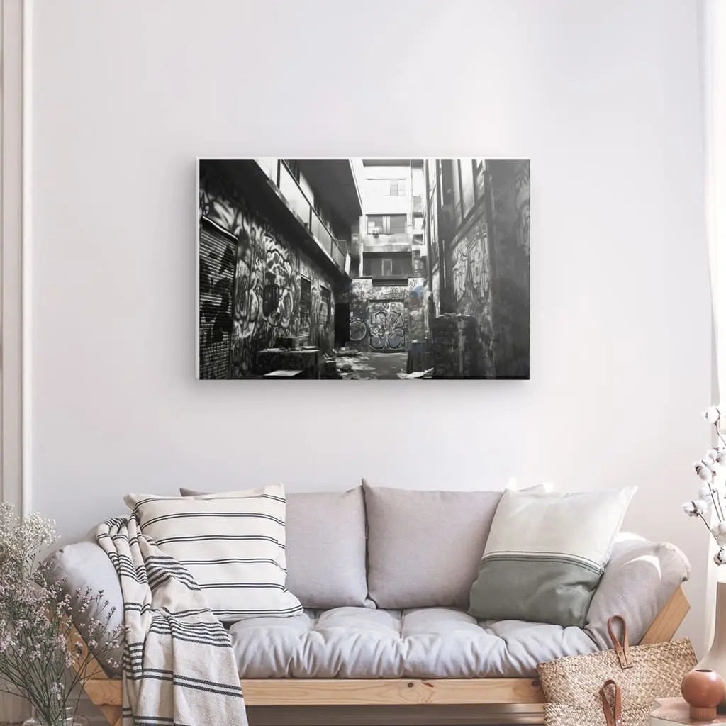 Tableau noir et blanc au style underground urbain avec tags et graffitis, ambiance street art brute et contemporaine