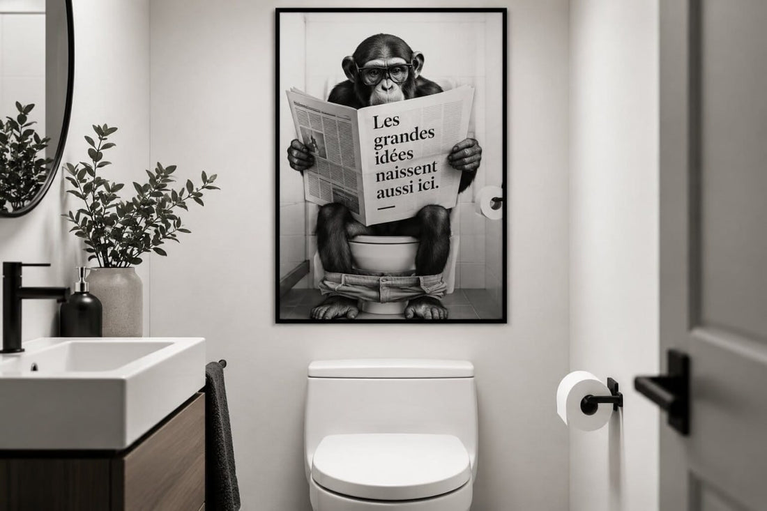 Poster toilettes drôle noir et blanc avec singe lisant le journal