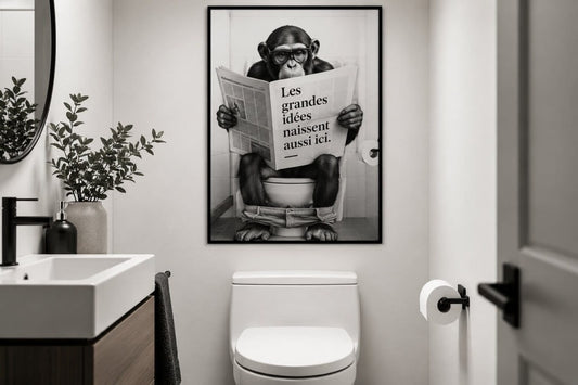 Poster toilettes drôle noir et blanc avec singe lisant le journal