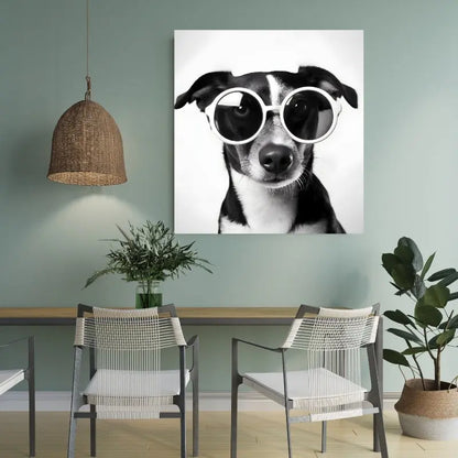 Tableau Chien Lunettes Noir et Blanc Drôle et Mignon Portrait Animal 1