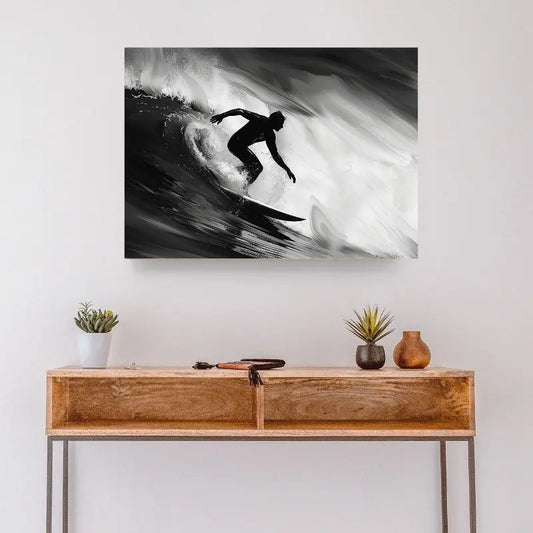 Tableau Surfeur Vague Rouleau Noir et Blanc