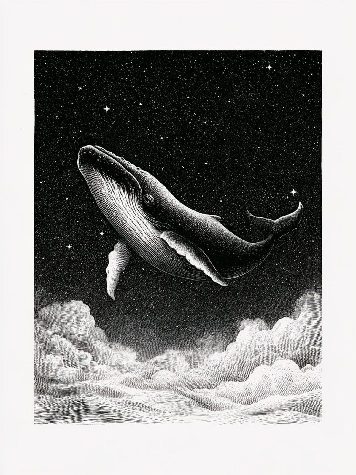 Baleine céleste en noir et blanc, illustration vintage dans un ciel étoilé