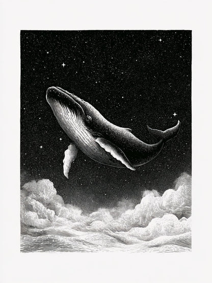 Illustration du poster Baleine Céleste noir et blanc, gravure vintage avec ciel étoilé et nuages.