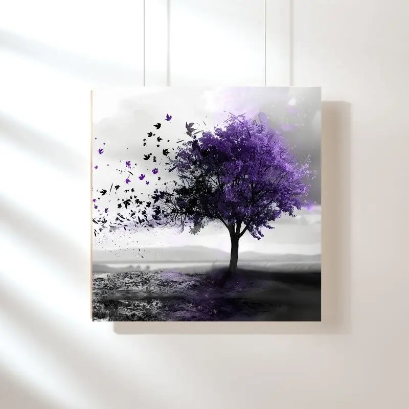 Tableau Arbre Violet Paysage Noir et Blanc 1