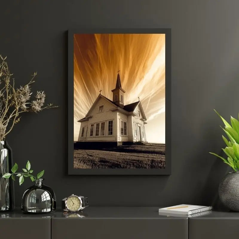 Le Tableau Eglise Catholique Ciel Doré, représentant une église d'époque sur fond de ciel dramatique, est accroché sur un mur sombre. Sous le tableau, une plante en pot et des objets décoratifs sur l'étagère ajoutent une touche de décoration raffinée.