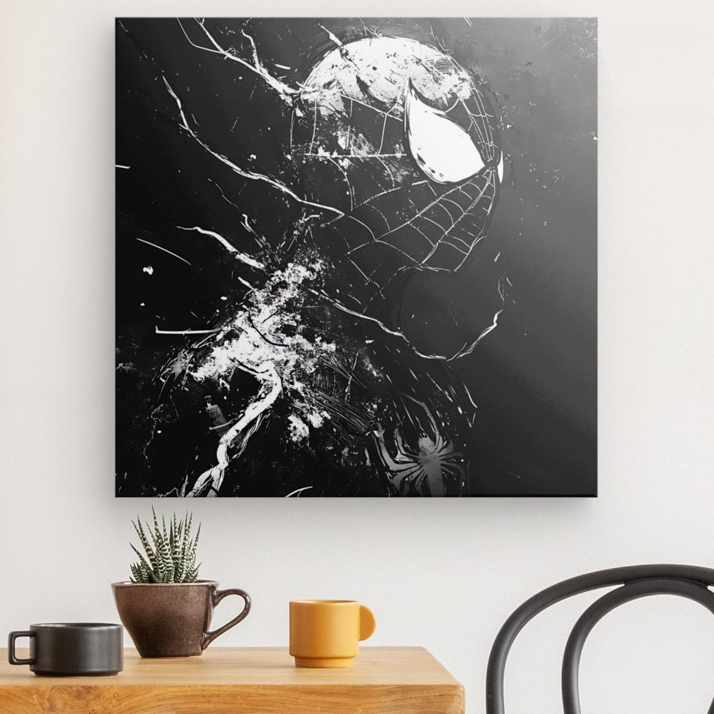 Tableau peinture monochrome Spiderman face sombre Univers Noir et Blanc 