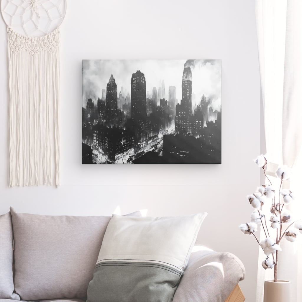 Tableau ville peinture buildings noir et blanc Univers Noir et Blanc 