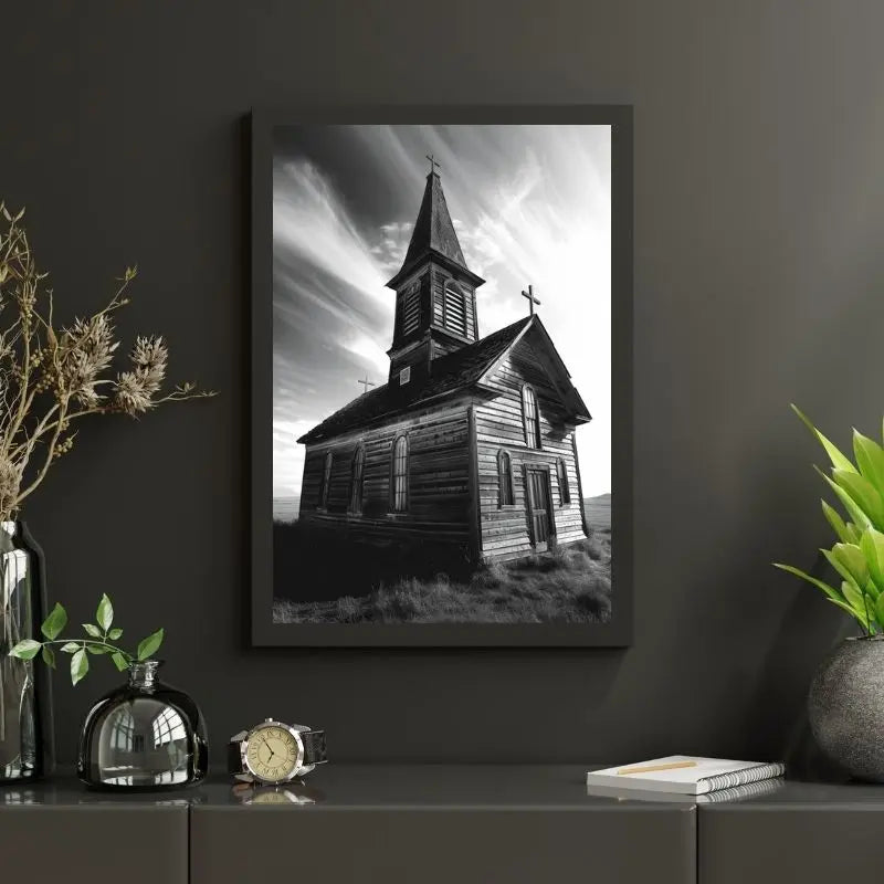 Un tableau encadré représentant une ancienne église rustique en bois est accroché sur un mur sombre. À proximité se trouvent diverses décorations, notamment des plantes, un bocal en verre et une montre sur la table.